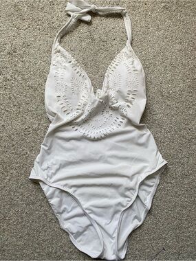 Polo by Ralph Lauren White Laser-Cut Halter One-Piece Swimsuit